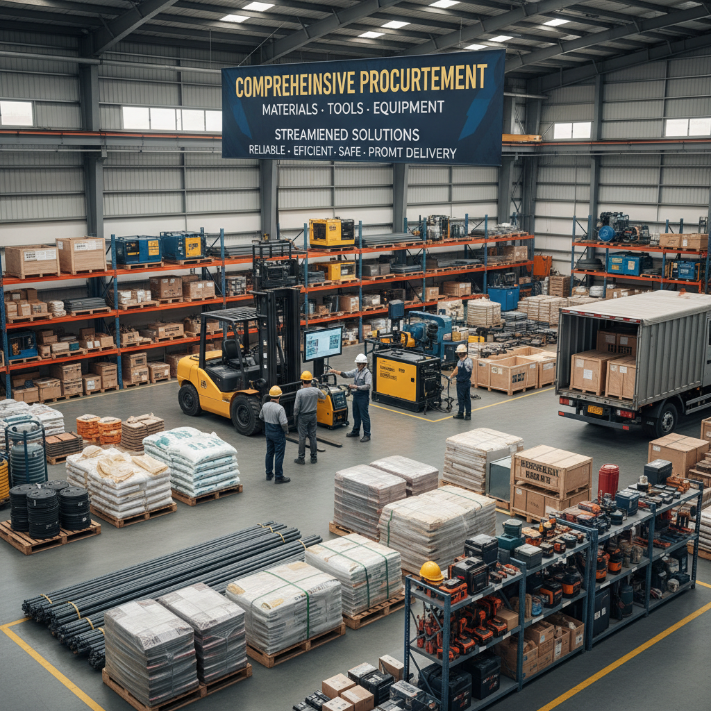 Workers and a forklift operate in a large warehouse filled with inventory racks and a banner overhead.