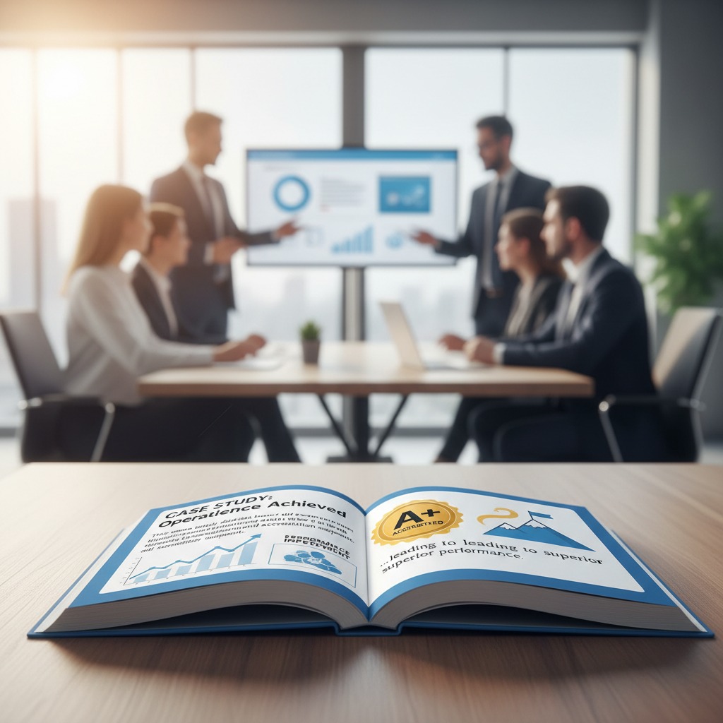 An open case study book sits on a wooden desk in the foreground while business people collaborate during a meeting in the blurred background.
