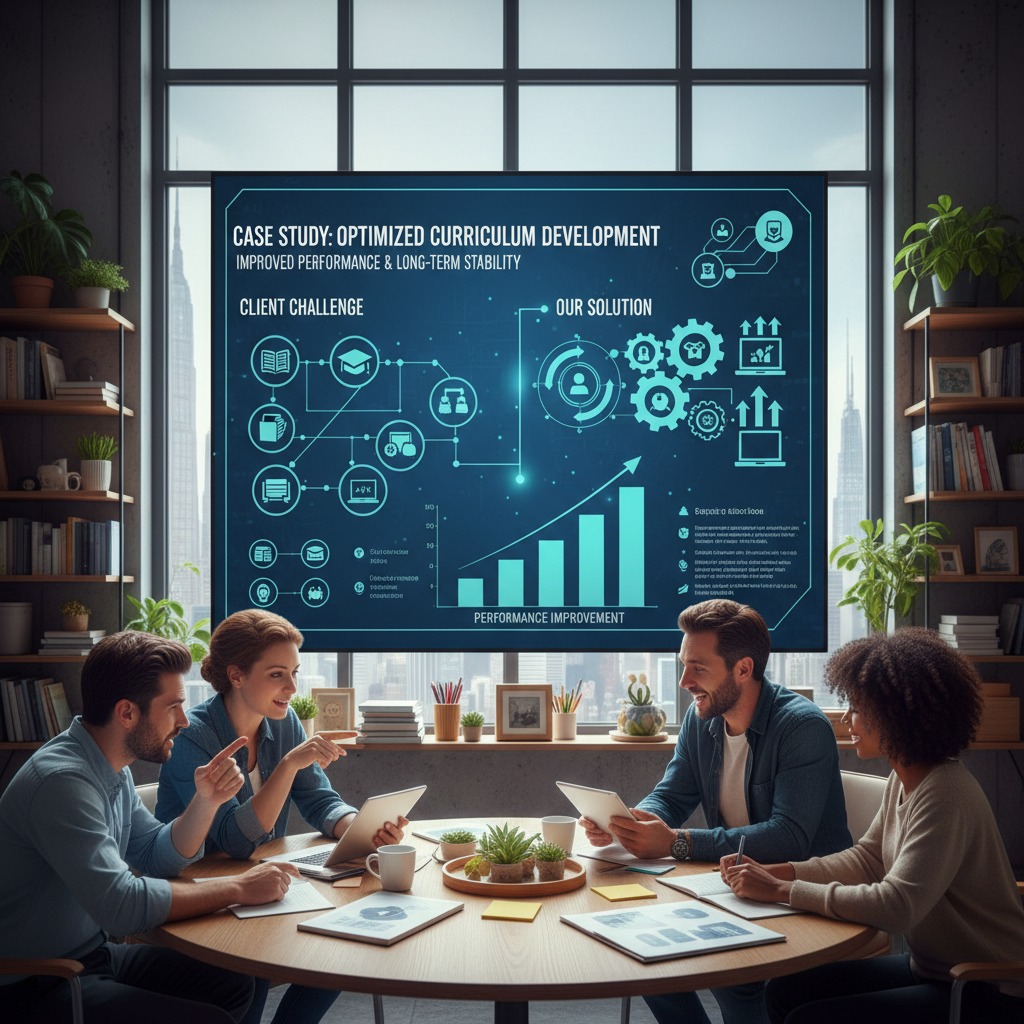 Four colleagues sit around a conference table in an office, reviewing notes in front of a large screen displaying an infographic about optimized curriculum development.