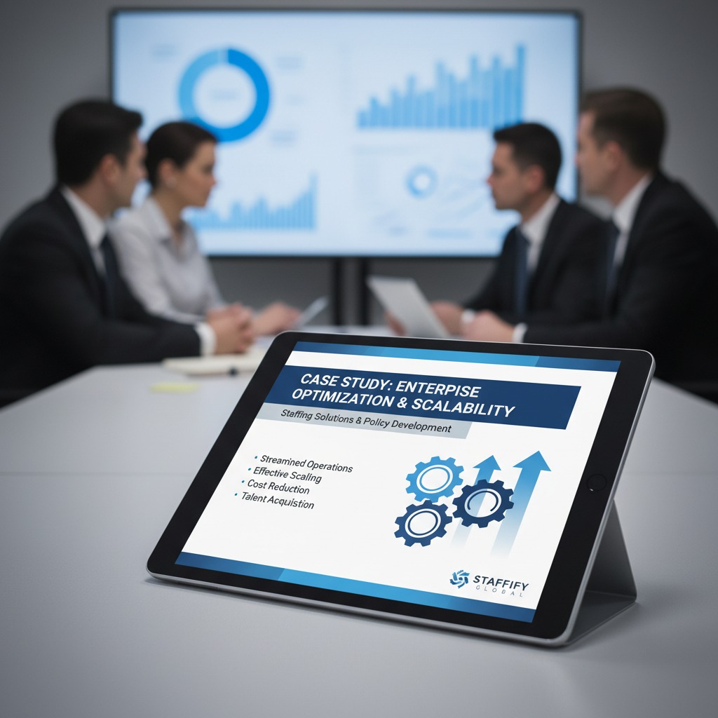 A tablet on a conference table displays a case study presentation, with a blurred team and data screens in the background.