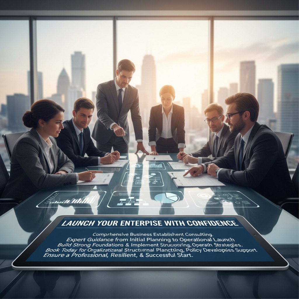 Six business professionals collaborate around a glass conference table displaying digital graphics and a tablet with consulting text, with a city skyline visible through the window behind them.