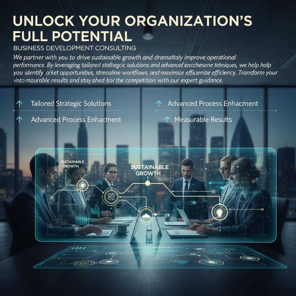 Business development consulting banner with executives in a boardroom and glowing graphical overlays illustrating sustainable growth and strategic solutions.