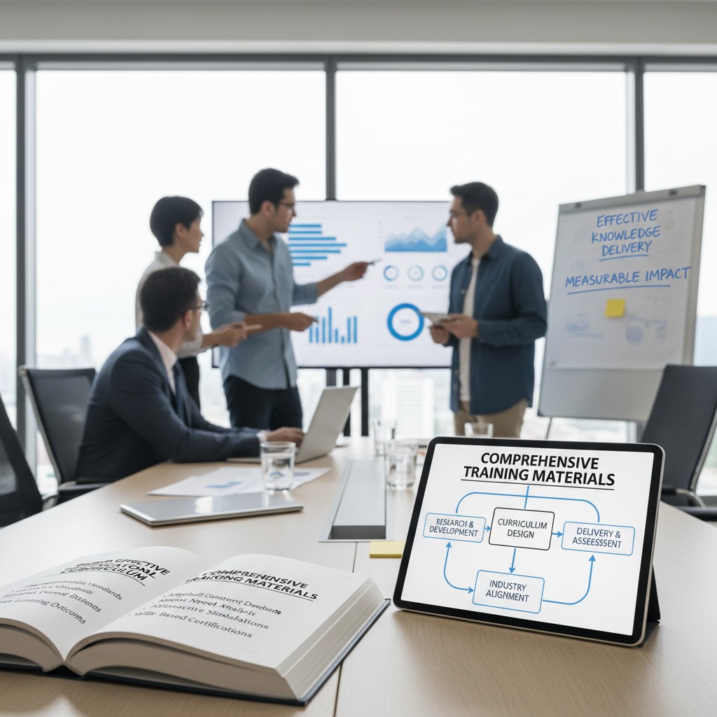 A team of professionals collaborating in a modern conference room, with a digital tablet displaying training materials in the foreground.