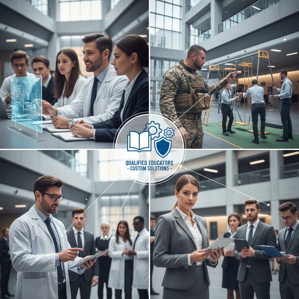 Four split images show professionals in lab coats and suits collaborating in a modern indoor workspace with a central badge reading Qualified Educators Custom Solutions.