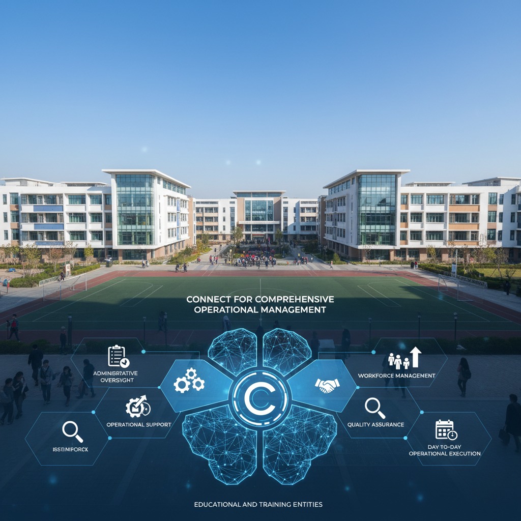 An educational campus with a digital operational management overlay graphic in the foreground.