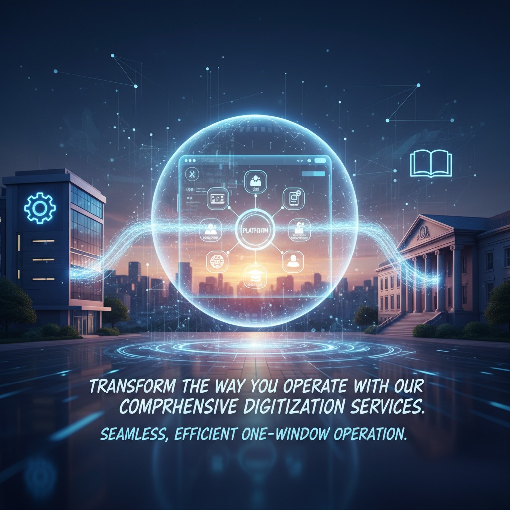 A digital graphic shows a glowing sphere with a central interface and icons connecting a modern office building on the left to a classical government building on the right, with promotional text at the bottom.