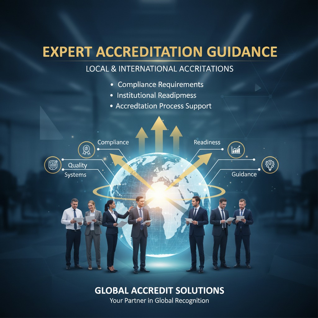 Seven business professionals stand in front of a glowing globe graphic with text outlining expert accreditation guidance and global solutions.