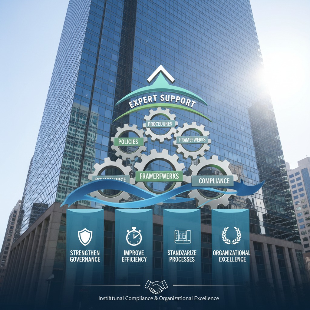A graphic overlays a skyscraper, showing interlocking gears labeled with business terms above four pillars representing strengthen governance, improve efficiency, standardize processes, and organizational excellence.